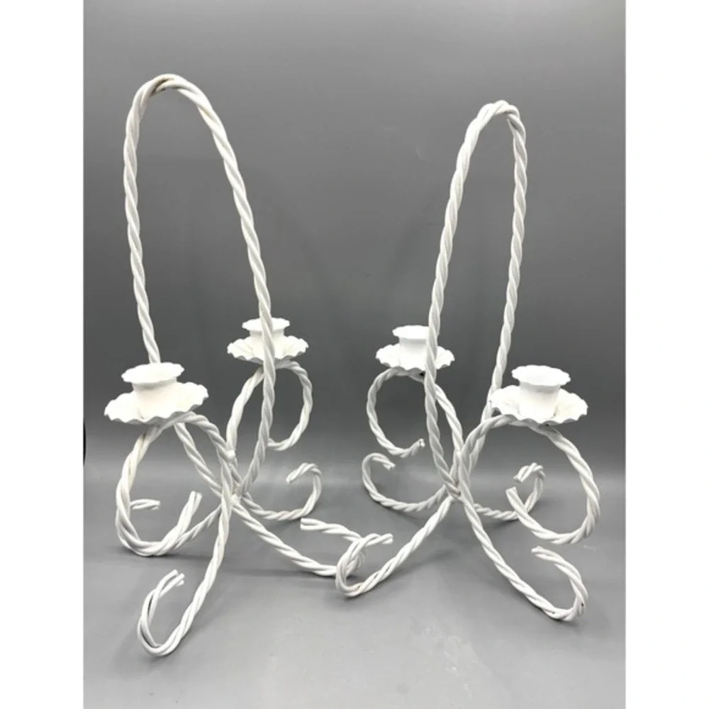 Vtg White Metal Twisted Wire Double Candle‎ Holders Set of 2 Cottagecore Decor